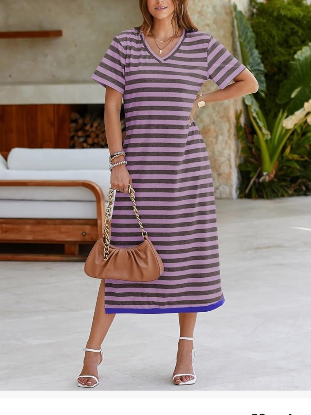 Striped V-Neck Midi Dress in Lavender and Gray with Blue strip at bottom